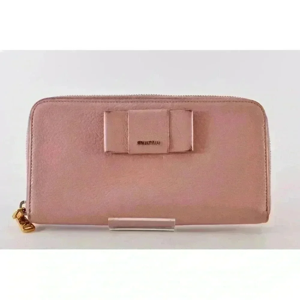 MIU MIU Ribbon Long Wallet Leather Pink Gold Zip Women Used Auth w/Card 8C11191 - Picture 2 of 15